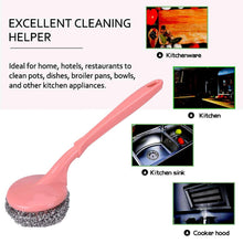 Kitchen scrubber with handle, effective for cleaning and removing hard stains.