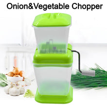 Onion and veggie chopper with rotating blade for fast slicing.