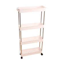 Kitchen storage shelf with caster wheels.